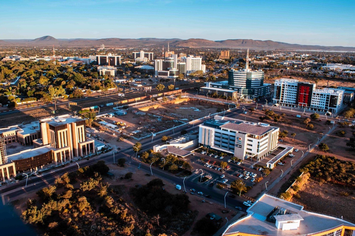 Aerial view of the Gaborone central business district at golden hour